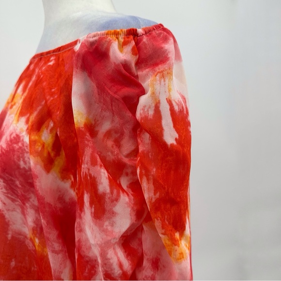 Calvin Klein Cinched Sleeve Chiffon Tie Dye Top Ginger Combo Sz L - Picture 7 of 11